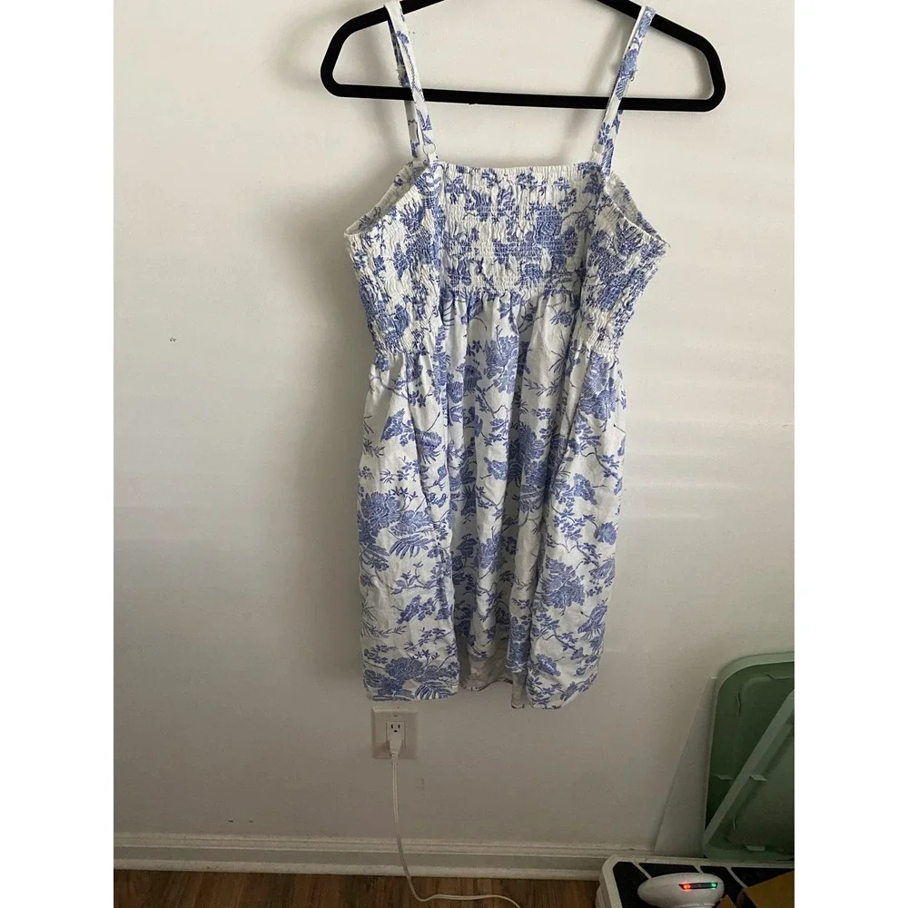Blue White Floral Toile Smocked Linen Blend Mini Dress XL Pockets - Picture 4 of 6